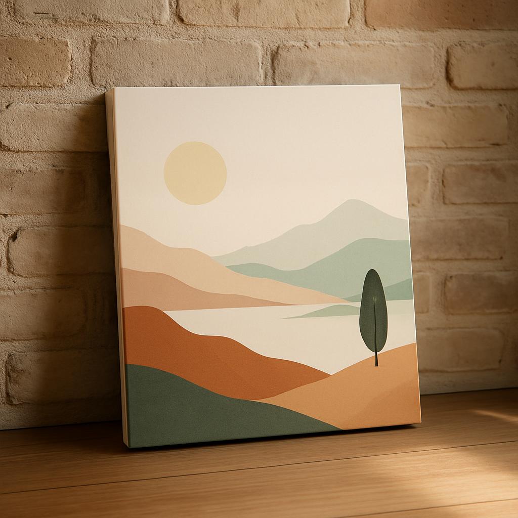 A minimalist landscape painting featuring rolling hills, mountains, and a single tree under the sun.