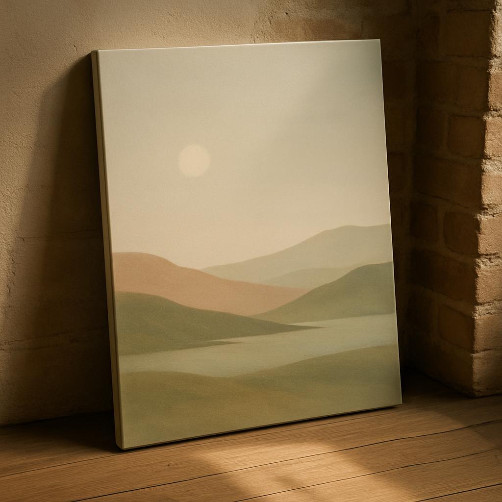 Bohemian landscape painting displayed vertically on the floor leaning against the corner of an off-white painted brick wal...