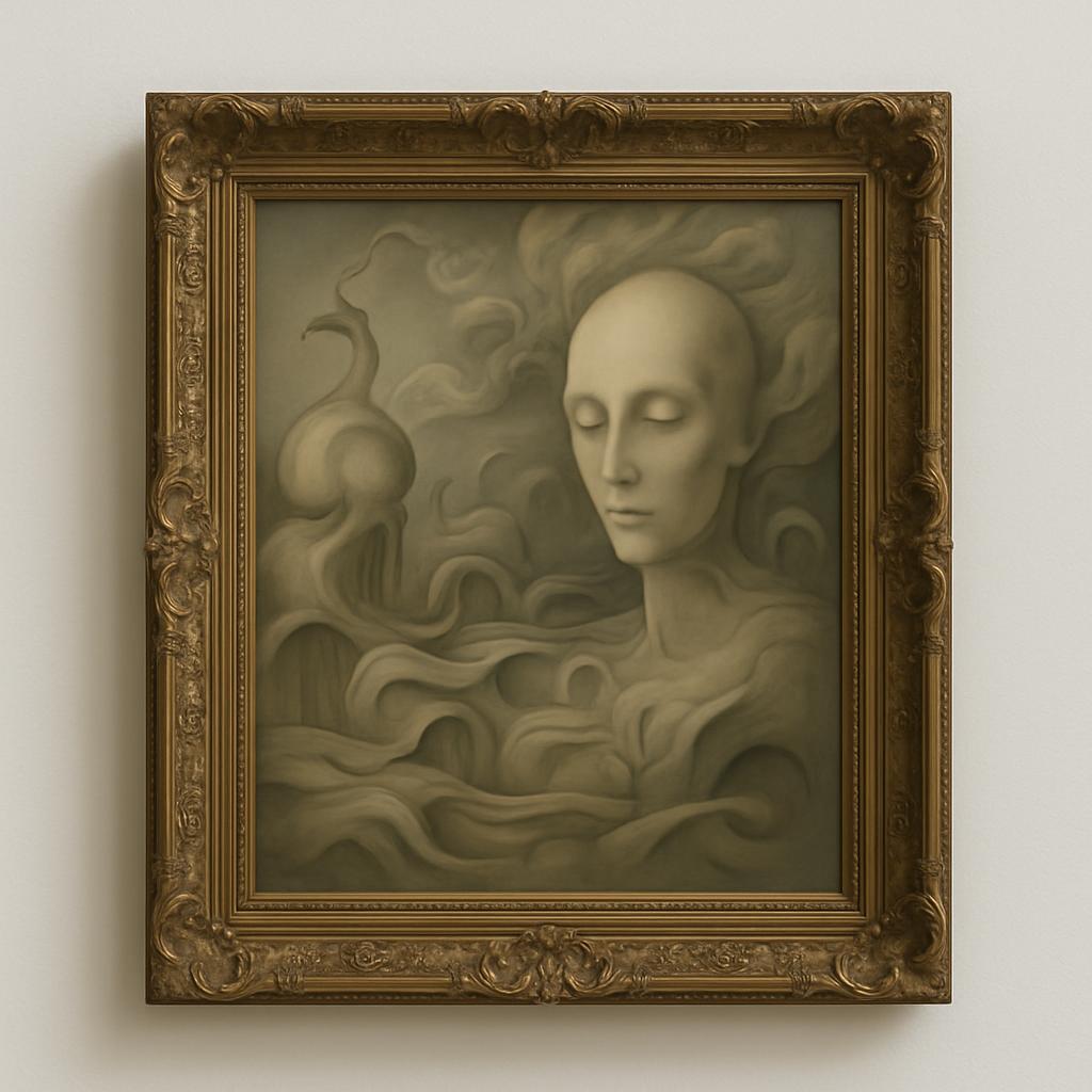A mysterious, monotone portrait painting in an ornate gold frame hangs on a white wall, featuring an anonymous person with...