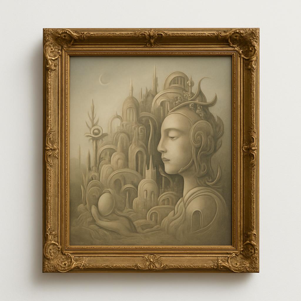 A framed portrait of a serene woman, with a castle and crescent moon in the background, creating an ethereal atmosphere re...